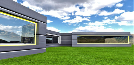 Futuristic middle class housing design. A smart home made of technological materials on a clean...