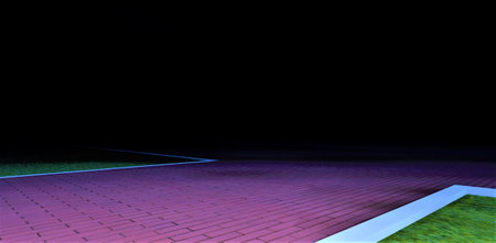 The red brick pavement and the white curb are visible in pitch darkness. The road goes nowhere. Great idea for a horror story. 3d rendering.の写真素材