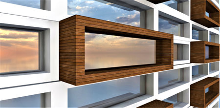White plaster and facade board as a finishing coating for the walls of an elite insulated apartment building. Stunning panoramic windows. 3d rendering.の写真素材