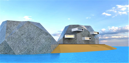 The concept of an observation post for the enemy fleet on an artificial island disguised as a granite rock. 3d rendering.の写真素材