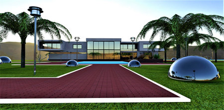 Futuristic estate in a mountain valley at sunrise among palm trees. Red brick pavement and white curb on manicured lawn. 3d rendering.の写真素材
