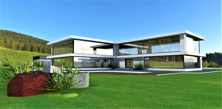 Landscape design in the form of bushes and chipped granite boulders in a freshly mowed meadow in front of a wonderful new home for a middle-class family. 3d rendering.の写真素材