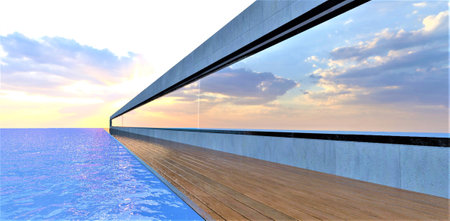 Deep blue sea wood flooring concrete wall with a large full length panorama window under the predawn sky. 3d rendering.の写真素材