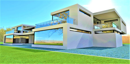 Stunning design of the contemporary elite house. Gray granite pavement on the green lawn. Bright sun in the blue sky. 3d rendering.の写真素材
