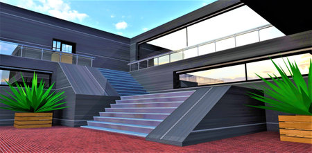 Stylish wide staircase with metal steps in the courtyard of modern housing finished with innovative composite material. 3d rendering.の写真素材