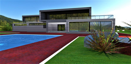 Wonderful country estate with a well-groomed adjacent territory. Pedestrian paths made of tinted brick tiles. Green lawn and landscaping. 3d rendering.の写真素材