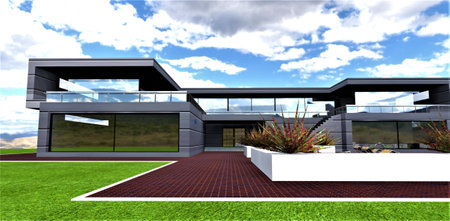 View from the lawn at the entrance to a stylish building built according to an exclusive design using the latest eco-technologies. 3d rendering.の写真素材