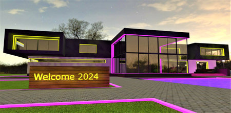 Welcome 2024 text on the wooden stand with amazing illuminated estate on the background. Good idea for new year greeting card. 3d rendering.の写真素材