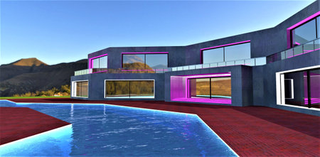 Trending design of the day illumination of the pool and facade of the upscale contemporary home constructed in the mountains. 3d rendering.の写真素材