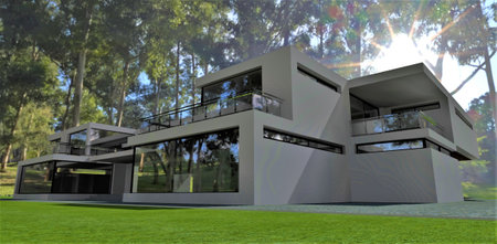 Stunning estate on the green meadow in the relict tropical forest. Bright sun shines through the huge trees. 3d rendering.の写真素材