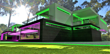 Bright sun glare on the meadow in the forest in front of a futuristic illuminated house. Perfect illustration for real estate magazine. 3d rendering.の写真素材