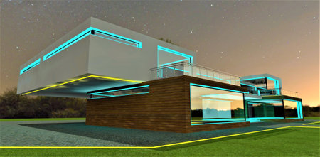 Amazing contemporary villa at night. Combined exterior illumination with turquoise and yellow. Glowing border along the building. 3d rendering.の写真素材