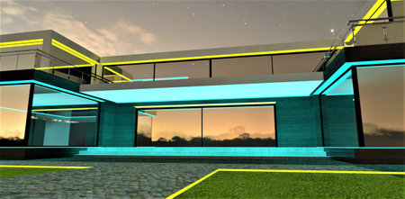 Low view of the stylish porch with stone long steps illuminated in turquoise. Granite pavement on the lawn. Amazing star in the night sky above. 3d rendering.の写真素材