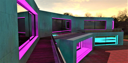 Night view of the contemporary balcony illuminated in pink with terrace flooring and glass fence. Stylish glowing porch with concrete steps down. 3d rendering.の写真素材