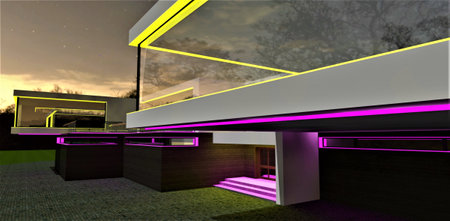 Successful mix of the elegant dwelling illumination in purple and yellow. View of the corruption with glowing steps. 3d rendering.の写真素材