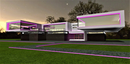 Pink border of the granite walkway on the meadow in front of the upscale modern illuminated house. 3d rendering.の写真素材
