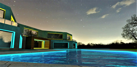 Amazing swimming pool reflecting yellow turquoise illumination of the contemporary upscale suburban house at night. 3d rendering.の写真素材