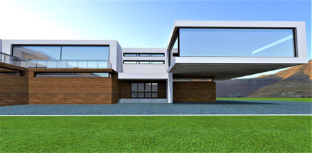 Cantilevered floor of the exclusive elite house can be used as a cover of the relax zone with view of the amazing mountains landscape. 3d rendering.の写真素材