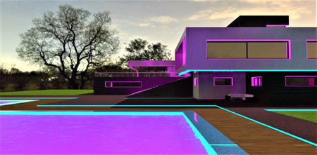 Weel-groomed territory of the upscale estate illuminated in turquoise and purple. Glowing swimming pool surface at night. 3d rendering.の写真素材