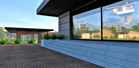 Stylish design porch with concrete long steps and glass door reflecting the amazing village landscape. Brown brick tile pavement in front of the entrance. 3d rendering.の写真素材