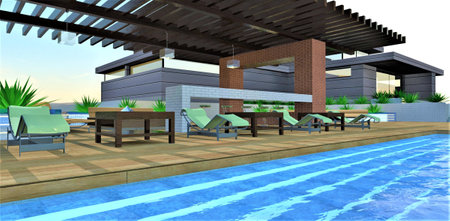 Nice waves on the surface of the pool with glowing steps visible under blue clear water. Cozy patio with comfortable furniture in the yard of the contemporary country home. 3d rendering.の写真素材