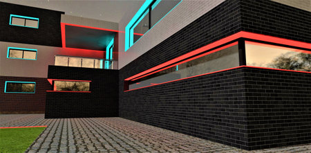 Stylish window corner illuminated in red. Black brick wall. Looks good at starry night. Gray stone pavement around. 3d rendering.の写真素材