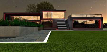 Red glowing frame of the panoramic windows as a night decoration of the home exterior . Lot of plants along white curb on the lawn. 3d rendering.の写真素材