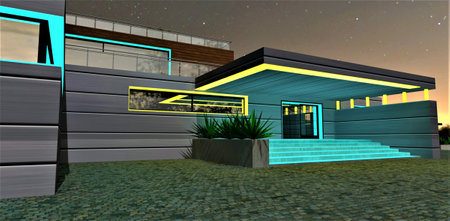 Illuminated porch with glowing turquoise steps. Looks good with aluminum facade. Stylish plants and natural granite pavement. 3d rendering.の写真素材