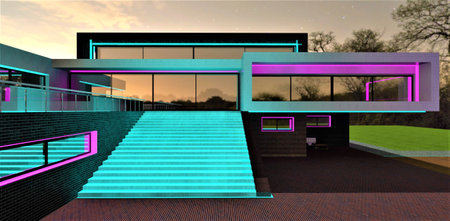 Turquoise illuminated stairs at night. Reflection of the starry sky in large panoramic windows of the upscale exclusively designed house. 3d rendering.の写真素材