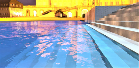 Stone steps visible under the water of the big pool on the illuminated night square with amazing old buildings. 3d rendering.の写真素材