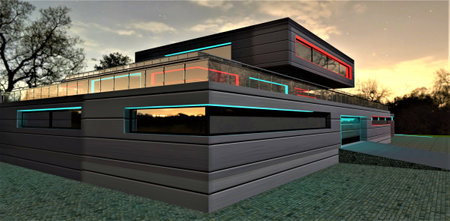 house terminator. Fully metal facade. Bulletproof narrow windows. Armored garage gate. Stylish night illumination. Complete security of the property owner. 3d rendering.の写真素材