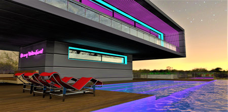 Beautiful view of the blue pool surface on the rooftop of the upscale cottage at night. Glowing visible steps under water. Stylish illuminated balcony above red sun loungers. 3d rendering.の写真素材