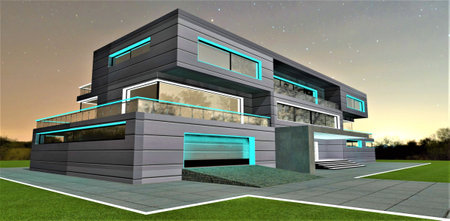 Corner night view of the futuristic cottage with garage inside. Elegant facade illumination. White glowing border on the freshly cut lawn. 3d rendering.の写真素材