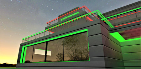 Green and red stripe as a night decor of the awesome middle class suburban building. Fully metal facade. Looks nice with big mirrored window. 3d rendering.の写真素材