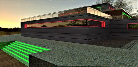 Amazing sunset behind country house with illuminated exterior and stairs on the well-groomed territory of the estate. Awesome starry sky above. 3d rendering.の写真素材