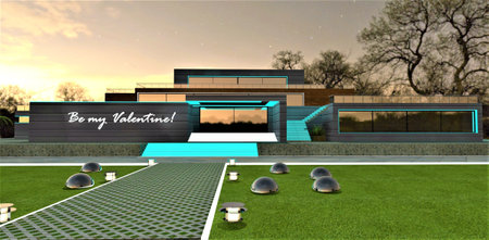 Front view of the elite upscale villa at night. White glowing border of the lawn paved walkway on the grass in front of the illuminated entrance. 3d rendering.の写真素材