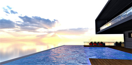 Rooftop pool on the skyscraper. Several red sun loungers on the decking. Nothing is visible below because of the clouds before sunset. 3d rendering.の写真素材