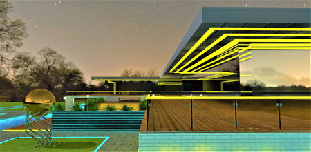 Yellow illumination reflected in glass facade of the wooden floor terrace at starry night. Steel installation on the grass in the yard of the upscale estate. 3d rendering.の写真素材