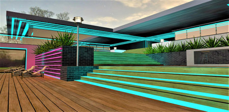 Amazing wooden terrace with glowing steps under the starry night sky. Upscale suburban villa with exclusive exterior illumination. 3d rendering.の写真素材