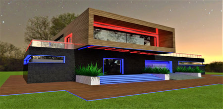 Blue glowing border and steps of the porch at night. Looks suitable with red illumination of the balcony glass door frame. wooden pavement. Elements of the facade board in exterior. 3d rendering.の写真素材