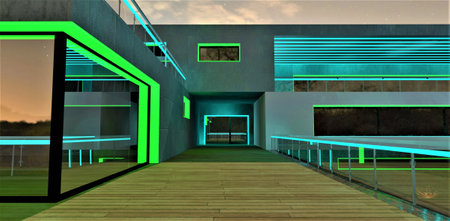 Spacious terrace with wooden floor and glass fence. Bright catch eye illumination of the excellent exterior designed by young team of experienced designers. 3d rendering.の写真素材