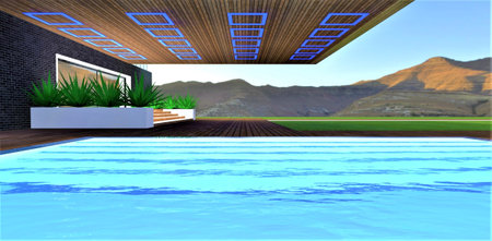 View of the mountains landscape from the pool with blue glowing water and translucent steps to the porch of the exclusive house constructed in a distant region. 3d rendering.の写真素材