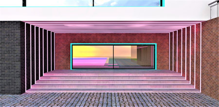 Panoramic illumination of the stylish porch. Glass mirrored door, Wall finishing red and black brick tile. Entrance to an upscale night club. 3d rendering.の写真素材