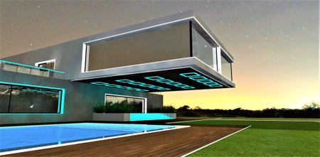 Exclusive design of the contemporary estate night illumination. Cantilevered second floor above the glowing steps of the turquoise swimming pool. 3d rendering.の写真素材