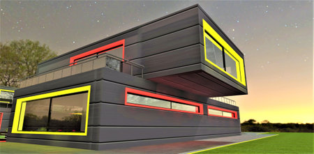 Exclusive design of the eco-friendly cottage illumination. Suitable combination of yellow and scarlet. looks attractive at night. 3d rendering.の写真素材