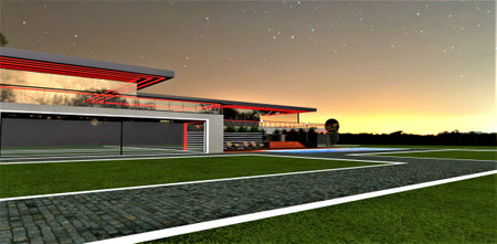 Walkways paved with gray granite stone looks good with white glowing border on the well-groomed lawn on the territory of the upscale estate illuminated in red. 3d rendering.の写真素材