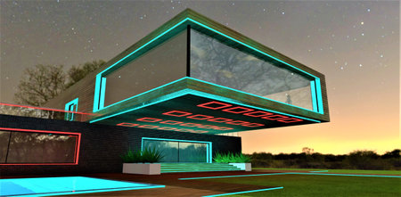Red glowing squares as a night LED illumination of the entrance to the house. Console floor structure above the porch near the swimming pool. 3d rendering.の写真素材