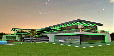 Green illumination design of the contemporary villa. night illustration. Well-groomed lawn limited by white glowing border. 3d rendering.の写真素材