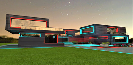 Beautiful illuminated real estate under the night starry sky. Luminous pool surface in the courtyard in front of glowing porch. 3d rendering.の写真素材