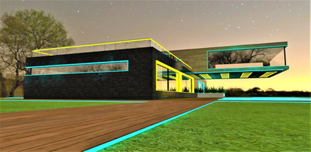 Successful combination of yellow and turquoise as night decoration of the modern high-tech estate with cantilevered structure of the second floor. night view. 3d rendering.の写真素材